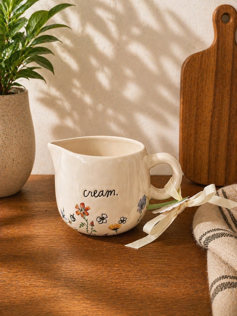 Rae Dunn Cream Ceramic Creamer with Hand-Painted Floral Design